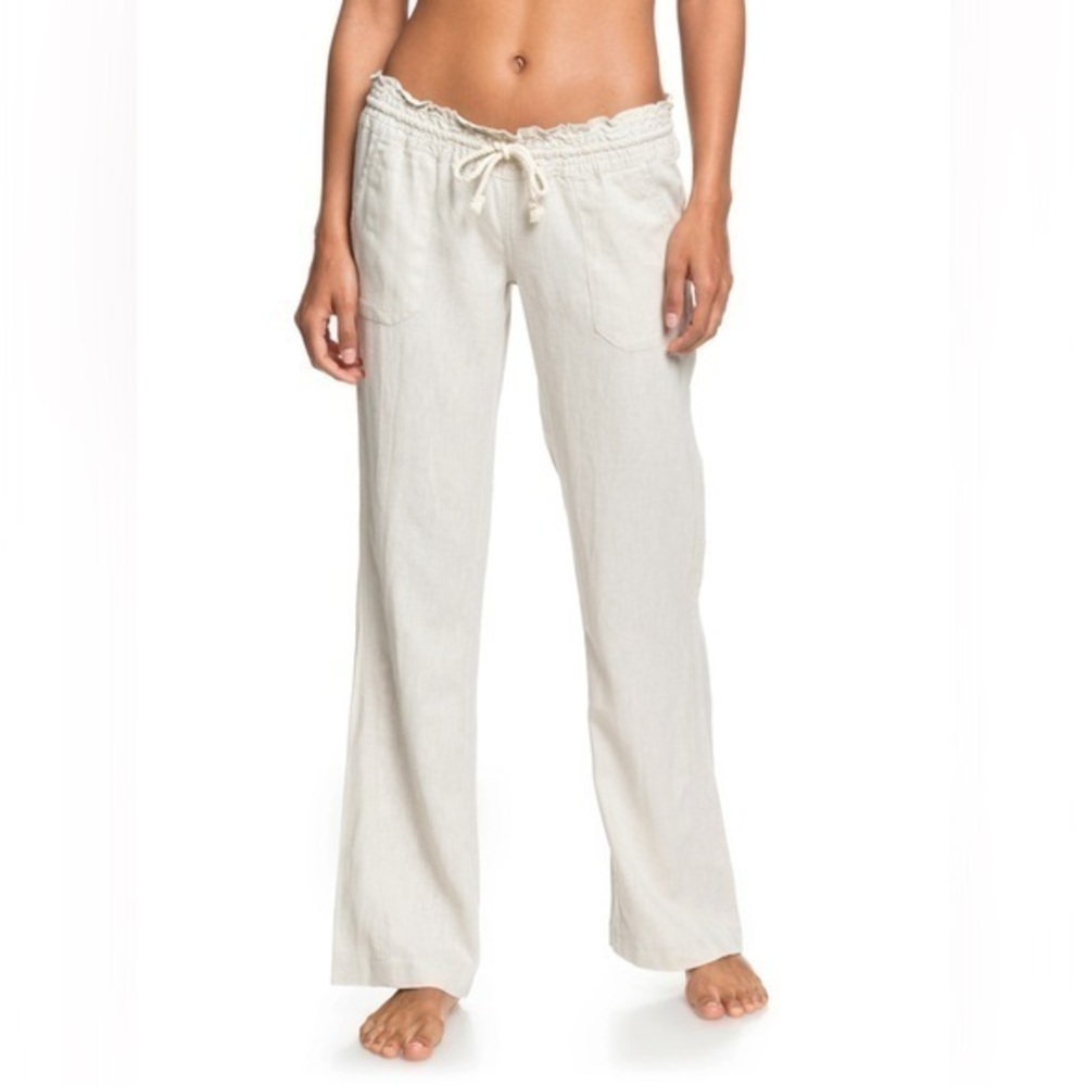 NWT Roxy Oceanside Pant Stone Solid Linen Cream Drawstring Lounge Pants size XL